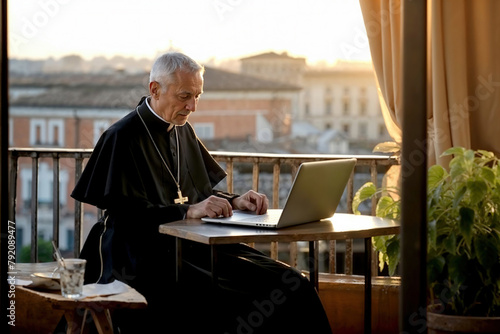 A priest sitting at a wooden table in front of a laptop. photo