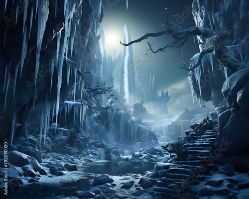 Fantasy winter landscape with frozen waterfall. 3d render illustration.