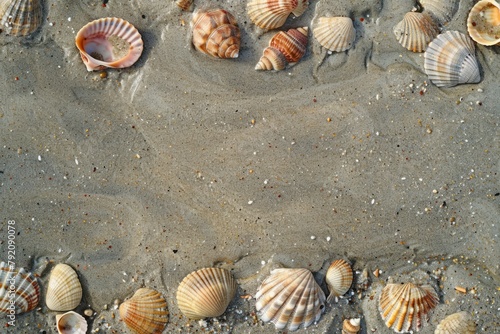 background of seashells in the form of a frame on the sand. the concept of a beach holiday. a place to copy.