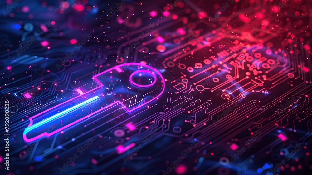 Fototapeta premium Conceptual background of shimmering neon particles digital key, surrounded by circuit lines and tech elements, ideal for themes of digital security and encryption