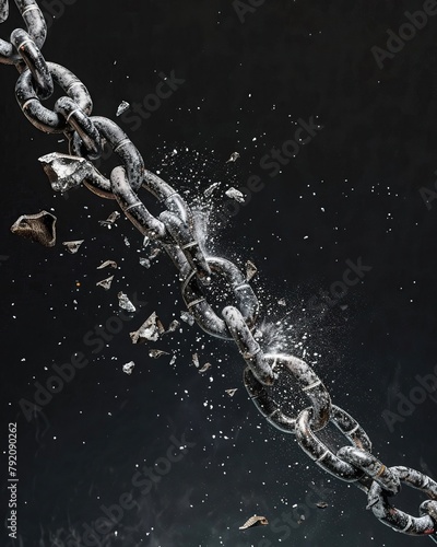 Conceptual image of a chain breaking, symbolizing the release or breakdown of financial obligations, against a plain, dark background to evoke the seriousness of bankruptcy