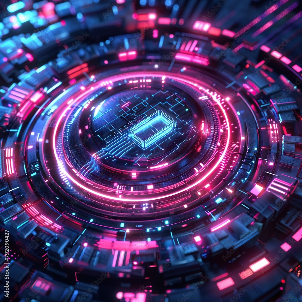 Obraz premium Futuristic technology background featuring a network of glowing blue pink circuit lines and digital nodes, ideal for high-tech presentations or web designs