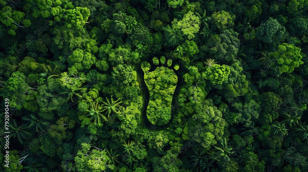 Illustration of a large carbon footprint symbol embedded in a lush forest, illustrating the impact of human activity on natural environments