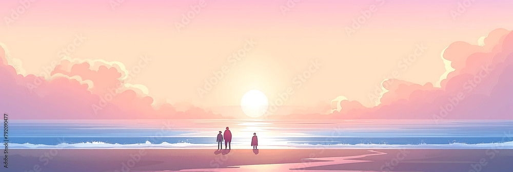 background of 3 people walking on the beach at sunset of a summer day - obrazy, fototapety, plakaty 