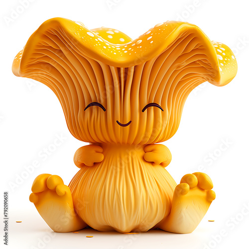 Funny cute yellow chanterelle mushroom with hands and eyes, 3d illustration on a white background, for advertising and design of mushroom dishes