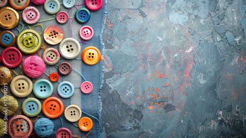 Colourful assorted buttons on a bright blue textile background. photo