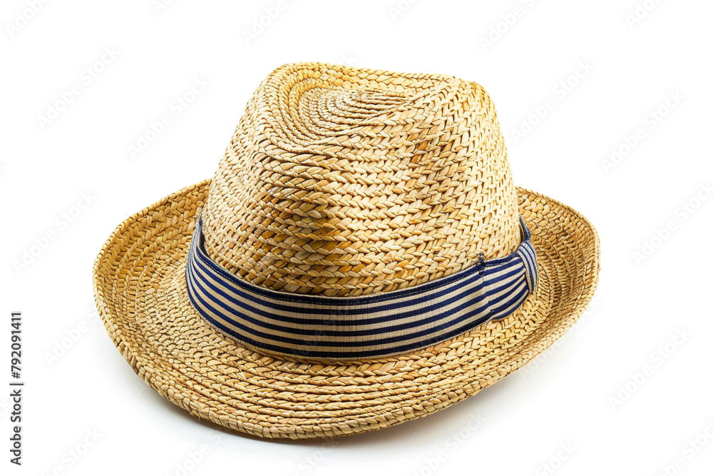 Fashionable straw fedora hat with striped band for boys, isolated on a solid white background
