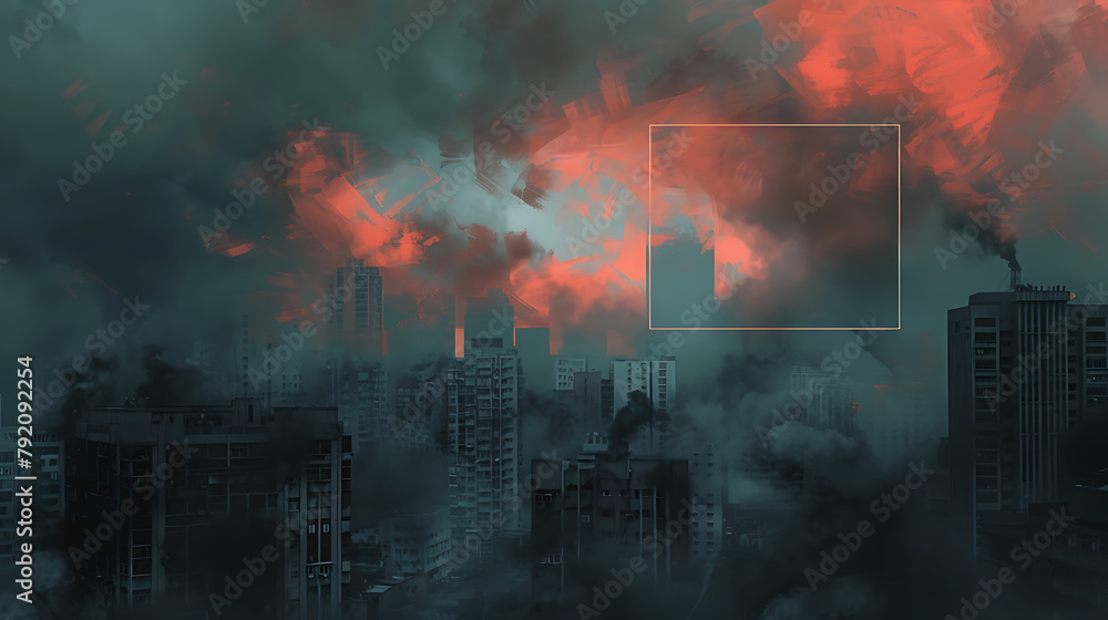 a cityscape with buildings engulfed in a massive cloud of dark smoke. The ominous smoke, colored in shades of orange and black