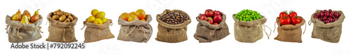 Assorted fresh produce and coffee beans in burlap sacks cut out png on transparent background photo