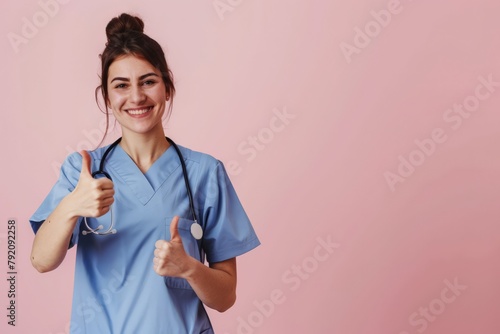 Cheerful Nurse in Scrubs Giving Thumbs Up, Optimistic Healthcare Professional on Pink Background, Copy Space