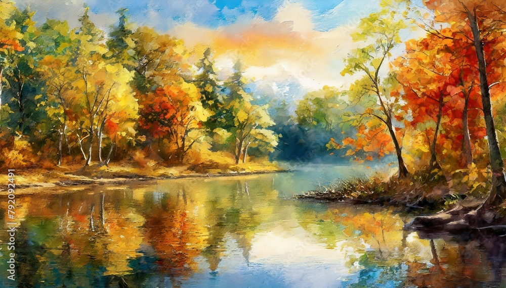 An artistic painting of autumn with trees and a lake in watercolor