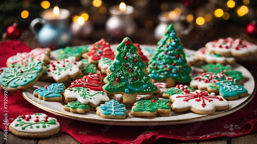 Variety of beautifully decorated christmas cookies displayed on white plate, capturing essence of holiday festivities. Each cookie intricately designed with colorful icing.