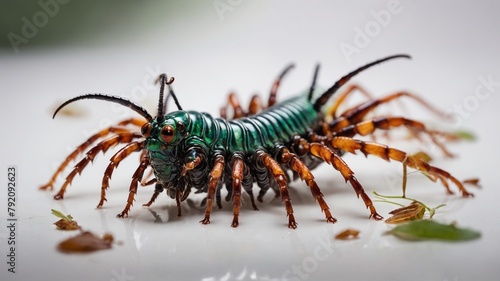 Vibrant green centipede with metallic sheen captured mid-crawl, its numerous orange legs splayed out, showcasing creatures agility, flexibility. Each segment of body clearly defined, reflecting light. © Tamazina