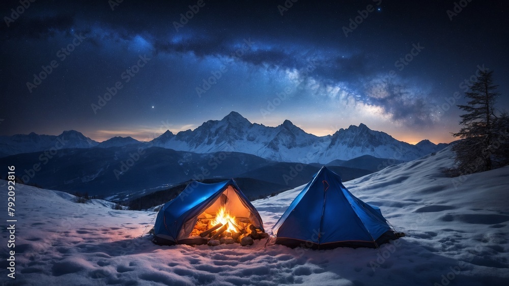 Two tents find themselves nestled in snowy landscape, their presence highlighted by glow of campfire emanating from within one of them. This warm, inviting light stands in stark contrast to cold.