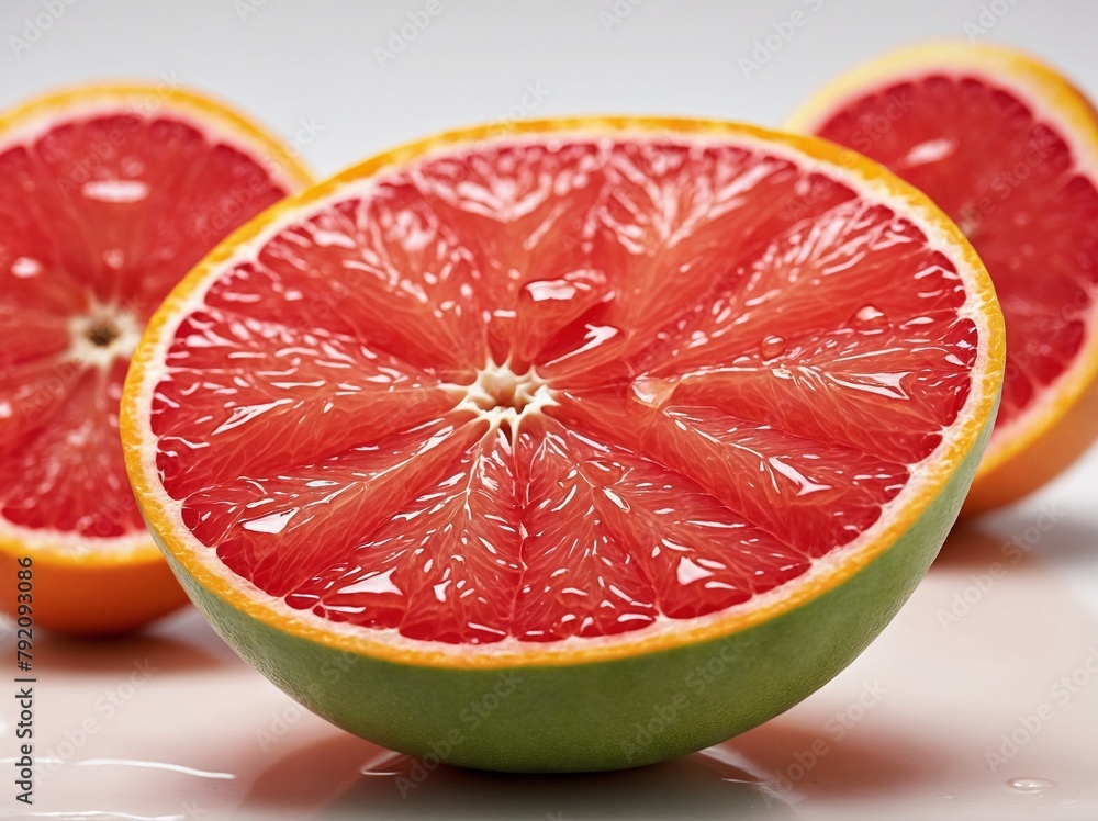 Presence of juicy, sliced grapefruits resting on surface, their vibrant red interiors glistening with freshness. Focus on halved fruit, which exposes intricate patterns of succulent segments. Presence of juicy, sliced grapefruits resting on surface, their vibrant red interiors glistening with freshness. Focus on halved fruit, which exposes intricate patterns of succulent segments.