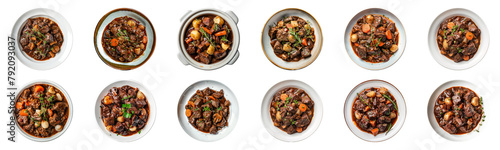 Savory beef stew with vegetables in white bowls cut out png on transparent background