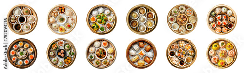 Assorted Chinese dim sum in bamboo steamers, a delicious variety cut out png on transparent background