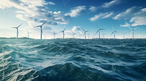 A photo of an offshore wind farm with turbines in the ocean.