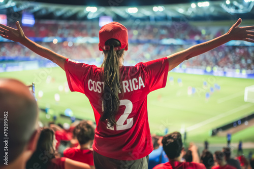 Costa Rican football soccer fans in a stadium supporting the national team, view from behind, Ticos 