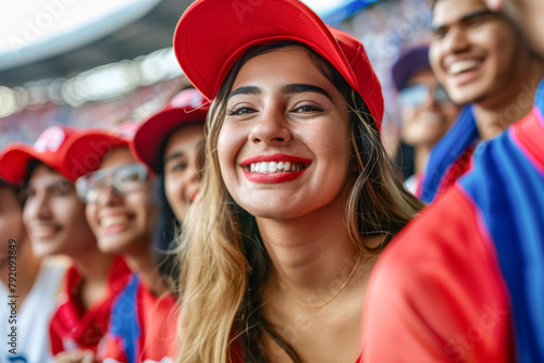 Costa Rican football soccer fans in a stadium supporting the national team, Ticos 