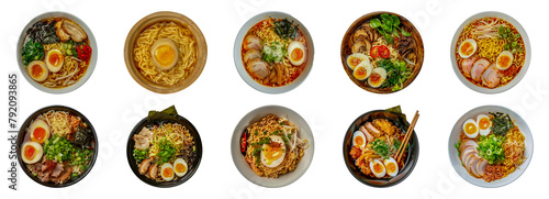 Assorted Japanese ramen bowls with toppings cut out png on transparent background