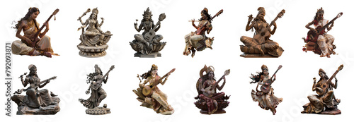 Statues of goddess Saraswati playing the veena cut out png on transparent background photo