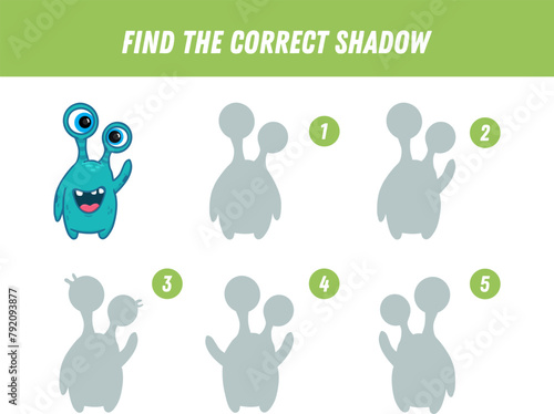 Find correct shadow of cute blue monster. Educational logical game for kids. Halloween game. Cartoon monster. Vector