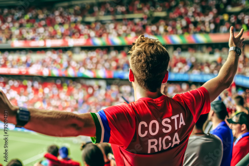 Costa Rican football soccer fans in a stadium supporting the national team, view from behind, Ticos
 photo