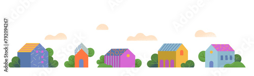 Vector set isolated hand drawn cartoon houses,hills and trees.Countryside buidings in the spring or summer.Green eco town design concepts for banners,real estate,prints,advertising,branding,packaging. photo