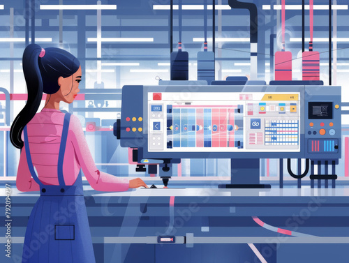 Illustration of a woman operating a modern sewing machine in a textile factory.
