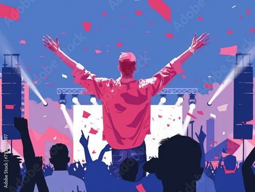Illustration of a singer performing on stage at a vibrant music festival with an excited crowd.