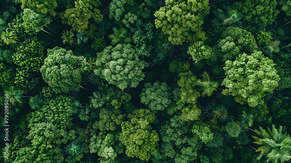View from above, green forest trees in forest nature background. Aerial drone view.