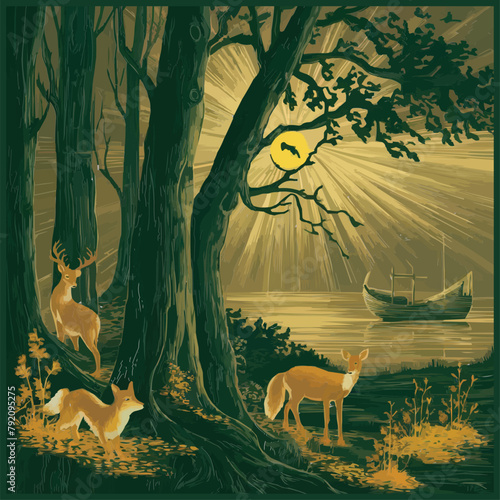 A sunset forest with golden rays trees deer and fox a fishing boat in calm waters reflecting the sky with gold inlay for elegance