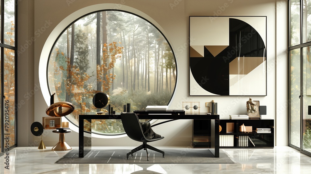 Obraz premium Modern home office with forest view: Elegant interior design of a home office with panoramic window overlooking a forest