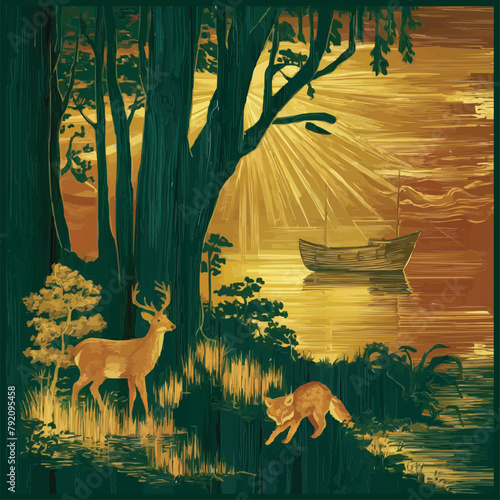 A sunset forest with golden rays trees deer and fox a fishing boat in calm waters reflecting the sky with gold inlay for elegance