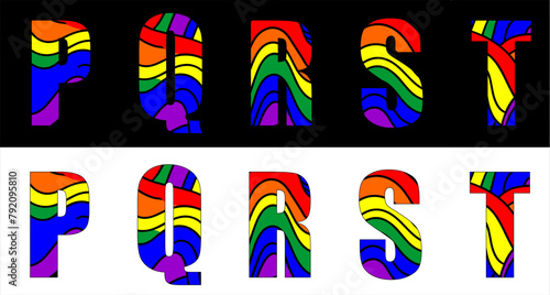 Vector lgbt font on background 
abstract pattern in rainbow colors.
Set of letters of english alphabet PQRST with
ornament of wavy stripes for
clothing, fabric, textile, paper, inscription on t shirt.