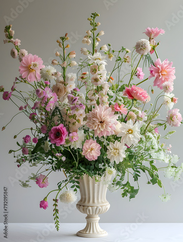 A flowerfilled vase decorates the table with pink and white blooms
