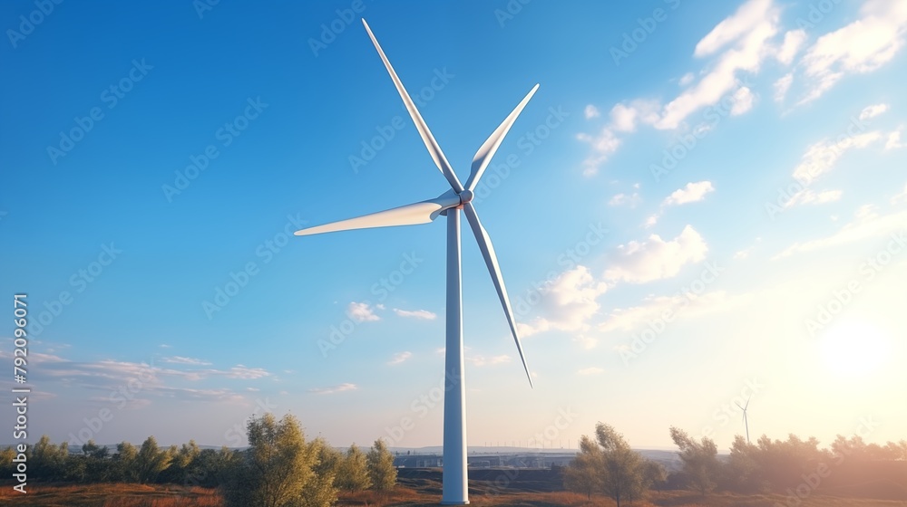 Close-up of wind turbine on blue sky background with shining sun.
