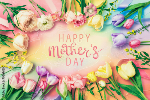Happy Mother's Day Calligraphy Background, spring color ful blossom flowers.Happy Mother's Day greeting card concept.