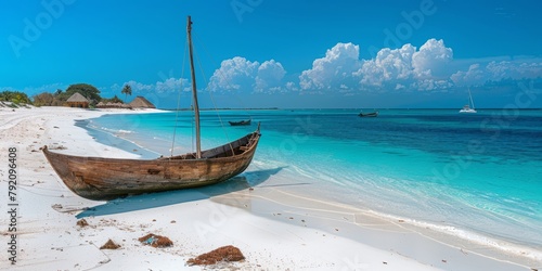 Old wooden boat by the shore in Zanzibar photo