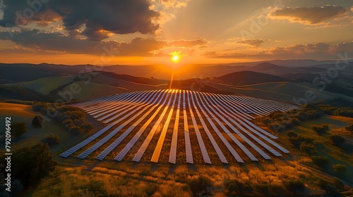 Sustainable Energy Source: Sun-Kissed Solar Farm at Dusk