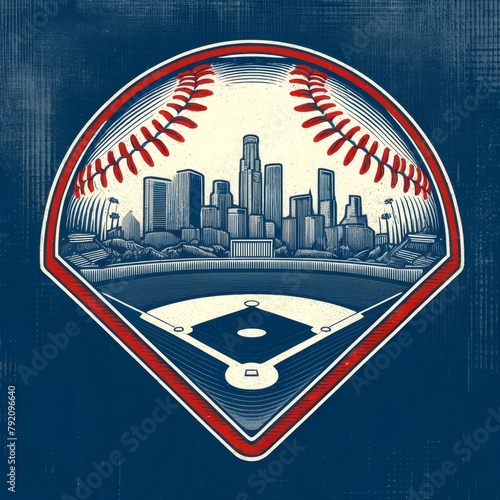Vintage Baseball and Los Angeles Cityscape Emblem, Ideal for Retro Sports Posters and Americana-Themed Artworks