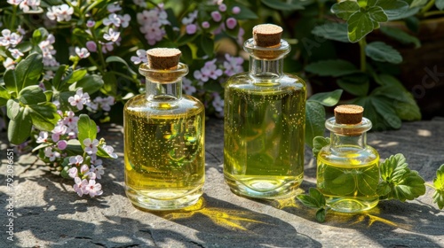 Bottles of herbal oils on flowers plant background, alternative medicine, sunlight, banner