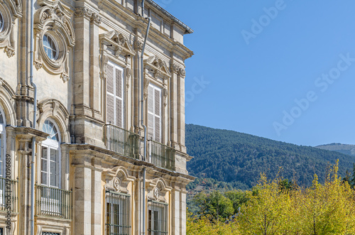REAL SITIO DE SAN ILDEFONSO, SPAIN - OCTOBER 13, 2019: Detail of the Royal Palace of La Granja de San Ildefonso, an 18th-century palace in the small town of San Ildefonso, central Spain