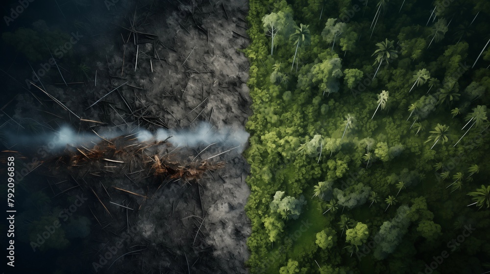 Deforest environmental problem, aerial split image from above top view,logging of rain forest. Deforest environmental problem, aerial split image from above top view,logging of rain forest.