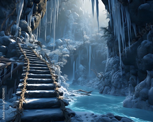 Staircase leading to a frozen waterfall. 3D illustration.