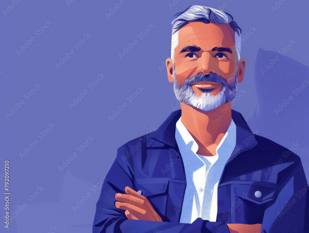 Vector illustration of a smiling man with gray hair and beard, wearing a blue shirt, arms crossed. Vector illustration of a smiling man with gray hair and beard, wearing a blue shirt, arms crossed.