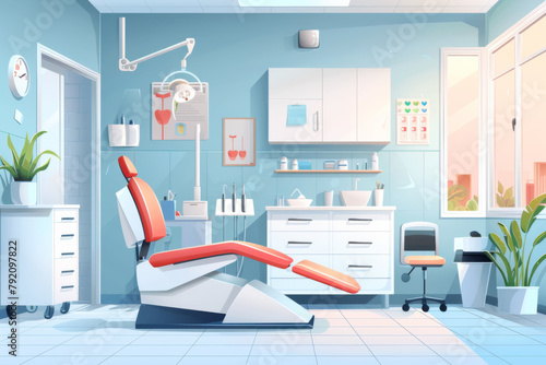 An illustration of an empty modern dental office with a dentist's chair, equipment, and a window.