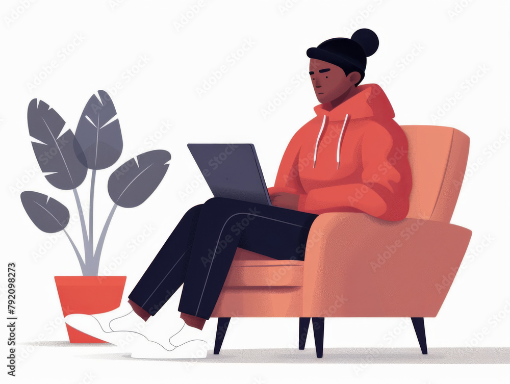 Flat style illustration of a person sitting on a chair using a laptop with a plant beside. Flat style illustration of a person sitting on a chair using a laptop with a plant beside.