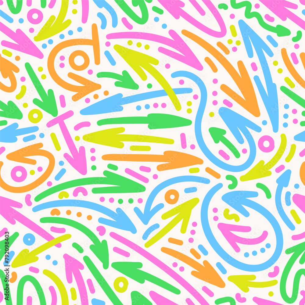 Cute kids arrows vector seamless pattern. Hand drawn doodle wavy and curve pointer elements bright highlighters colors. Funny repeatable abstract background.